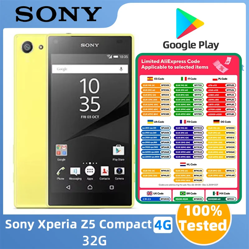 Sony Xperia Z5 Compact 4g Smartphone CPU Snapdagon 810 Screen 4.6-inches 23MP Camera 2700mAh Battery Used Phone