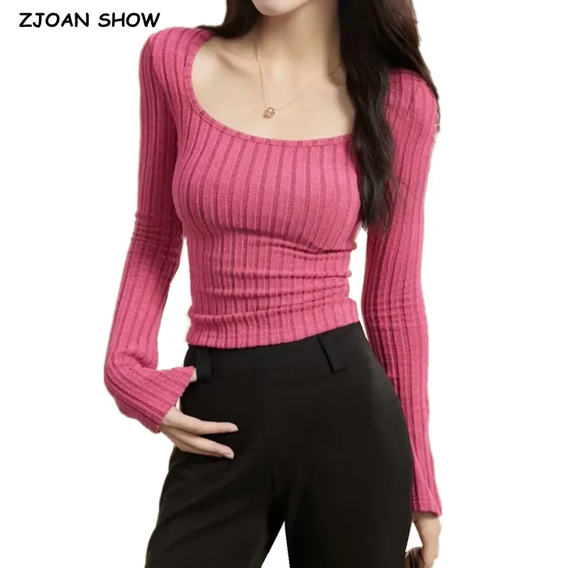 2023 Sexy Square Collar Full Sleeve Ribbed Knitting Sanding T Shirt Women Stretch T-shirt Short Tee