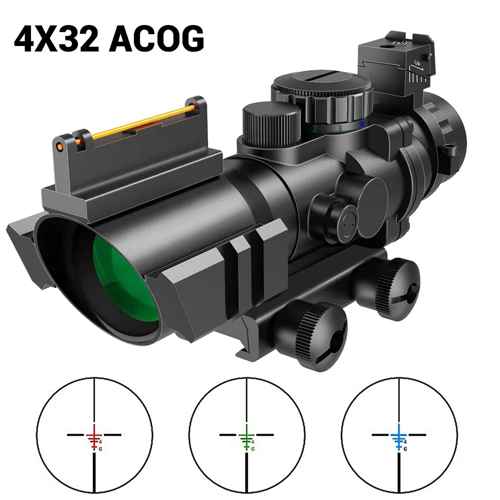 

4x32 ACOG Rifle Scope Tactical Riflescope Reflex Optics Scope Fiber Front Rear Iron Sight Hunting Optical Sight Prism Scope 20mm