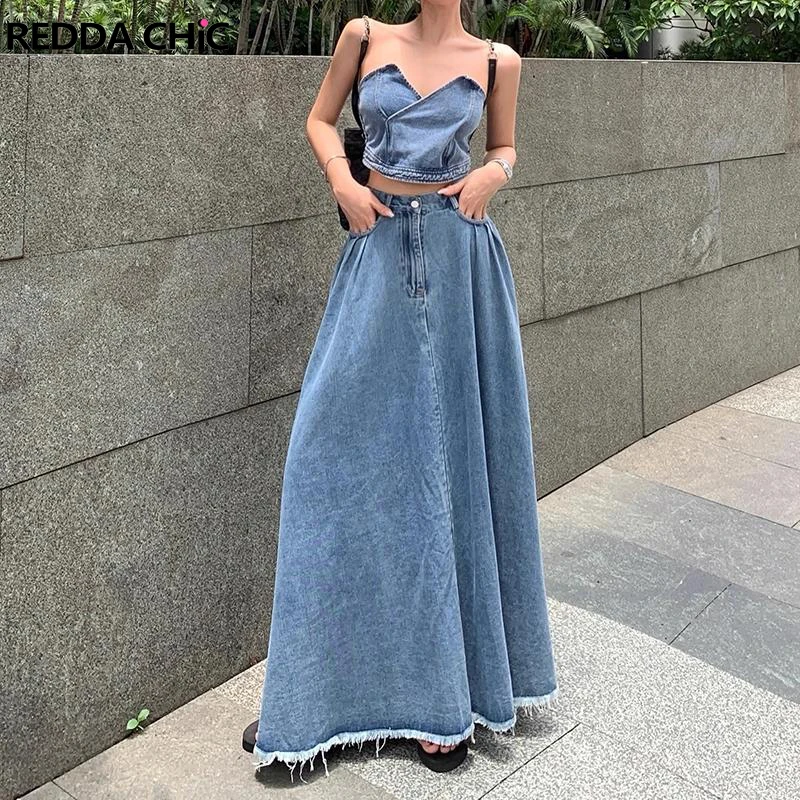 

REDDACHiC Women Denim Top Skirt 2-piece Set Irregular Spliced Corset Tube Top High Waist Maxi Long Balloon Skirt Y2k Streetwear