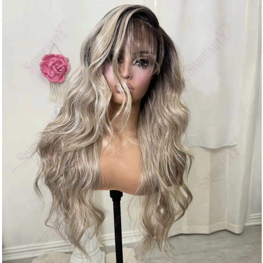 

Свободные волнистые человеческие волосы Пепельно-русый Мелирование Темных корней Ombre13x6 Парики фронта шнурка для женщин Европейские волосы Полный прозрачный парик Lase