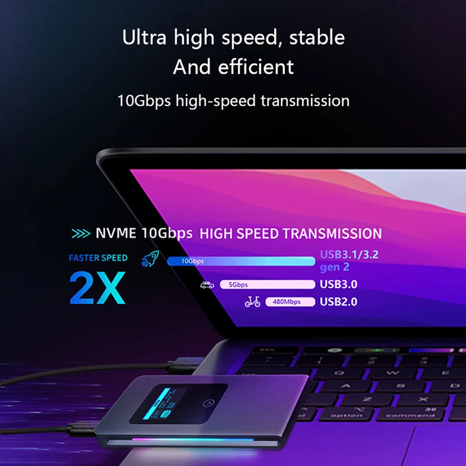 High Speed 10Gbps Mobile Solid State Disk Box RGB Cool Light Effect NVMe Protocol M2 Hard Disk Drive for Mobile