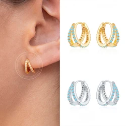 Uilz Fashion Double Row Blue Turquoise Hoop Earrings For Women Copper Metal Gold Plated Statement Jewelry Accessories