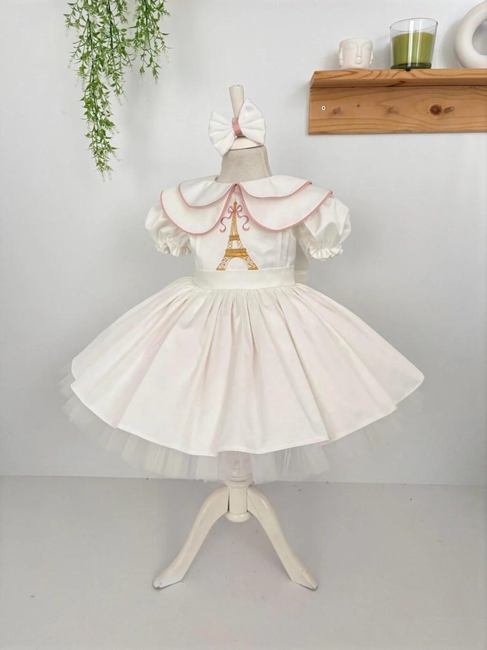 Summer Baby Girl Sweet Double Collar Tower Embroidery White Dress Bow For Casual Party Birthday Wedding Photography