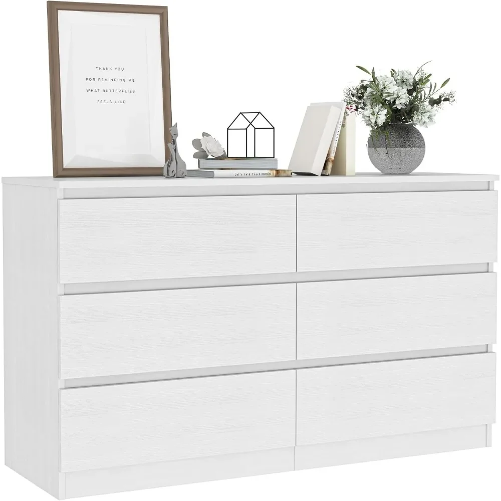 White Dresser, Modern 6 Drawer Double Dresser for Bedroom, Wood Chest of Drawers with Wide Storage for Living Room