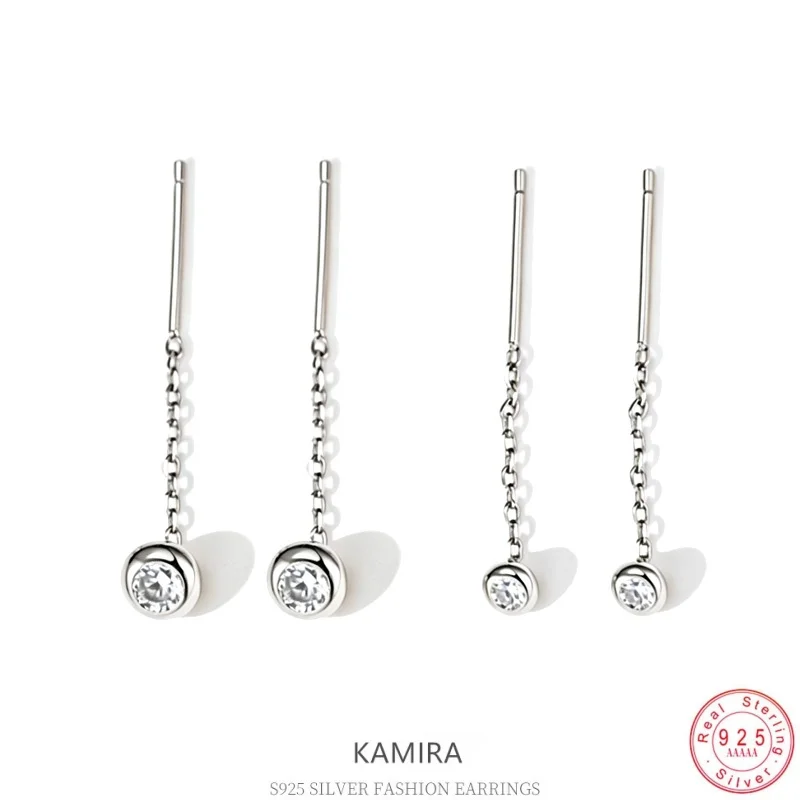 KAMIRA 925 Sterling Silver CZ Threader Drop Earrings Dainty Long Chain Bar Earrings Minimalist Sparkling Jewelry for Women
