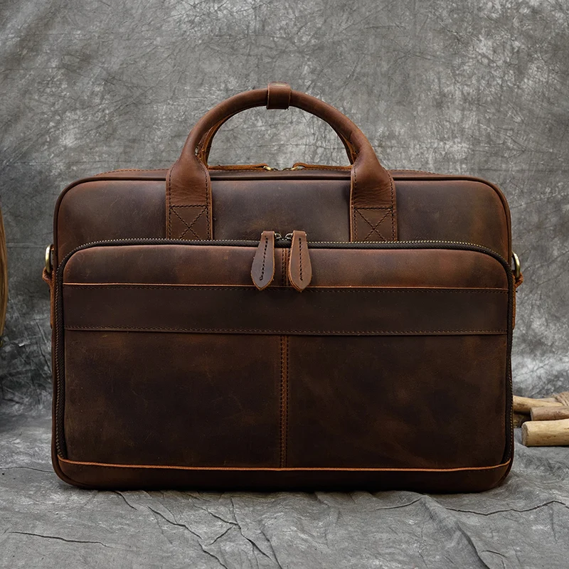 Retro Laptop Briefcase Bag Genuine Leather Handbags Casual 15.6\