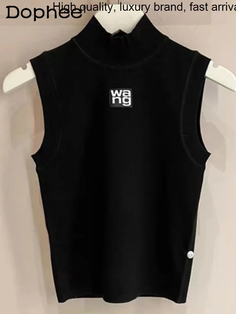 Autumn 2023 Summer New Slim Fit All-Match Letters Half Turtleneck Sleeveless Women Black and White Knitted Vest Crop Top