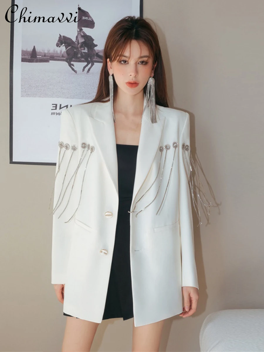 

Spring 2024 Exquisite Rhinestone White Metal Diamond Chain Suit Jacket Fashion Loose-Fit Long Sleeves Elegant Slim Blazers Coats