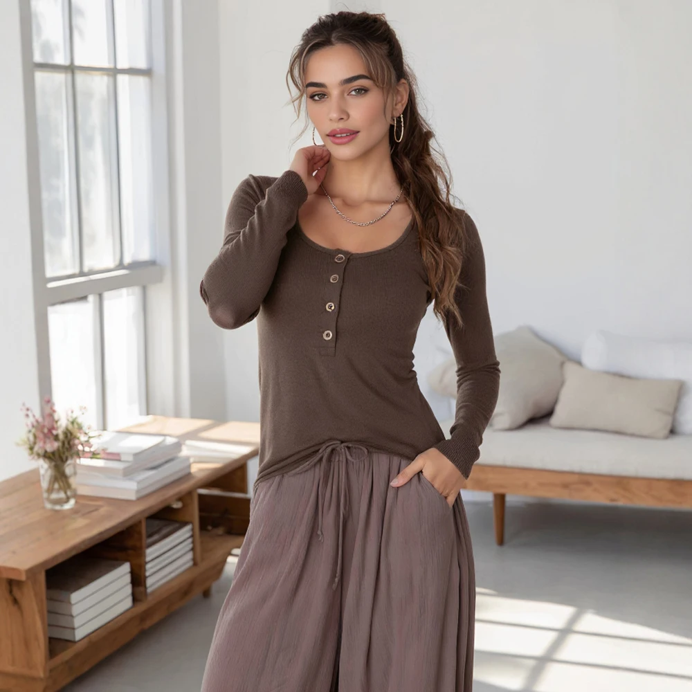 Camiseta clásica de manga larga para mujer, Top informal de otoño con diseño de manga recta sin decoración, Top cómodo a la moda