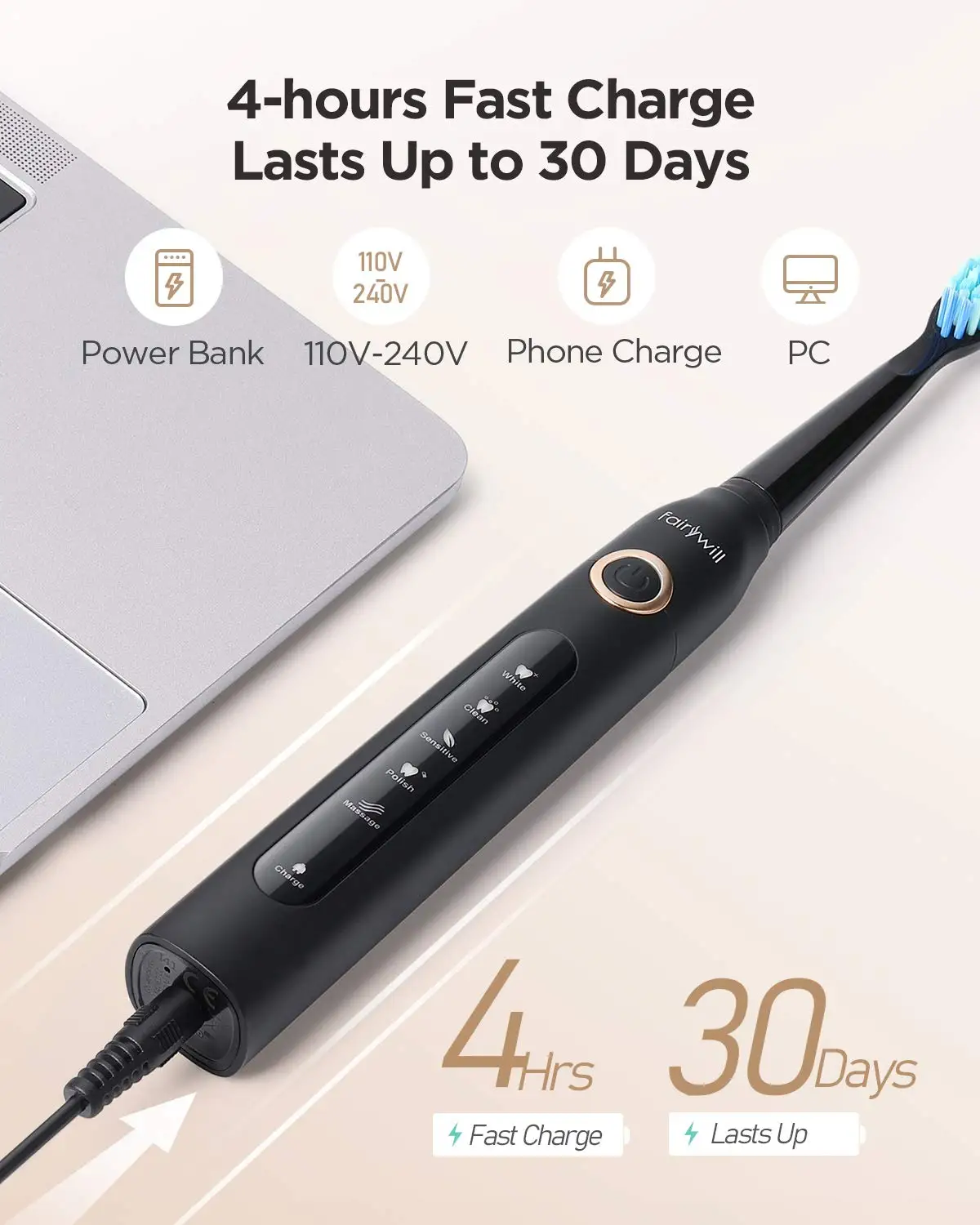 Fairy will fw507 elektrische schall zahnbürste usb ladegerät zahn 8 bürste ersatz wasserdichte elektronische zahnbürste mit reisetasche – Detail 6