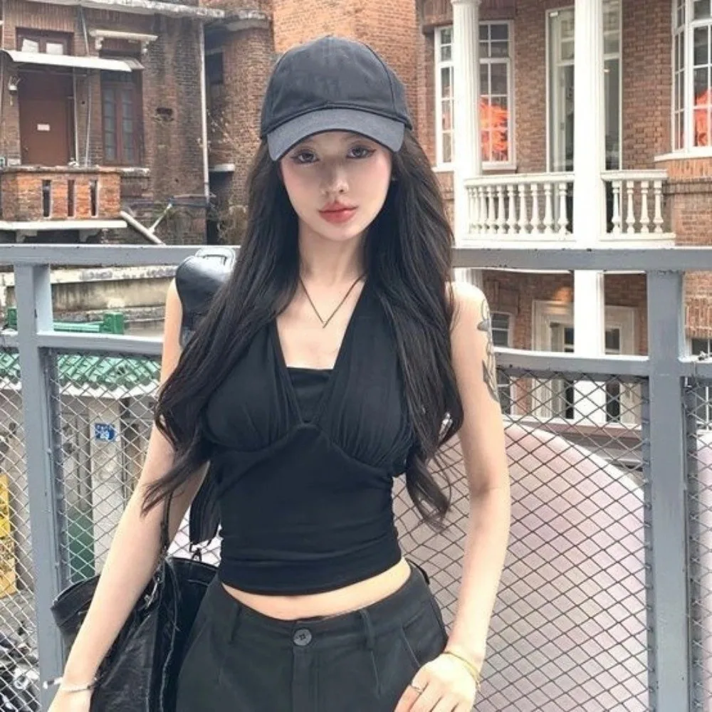 Rhinestone Decoration Hanging Neck Strap Camisole Slim Fit Black White Socialite Style Corset Versatile High-end Feeling