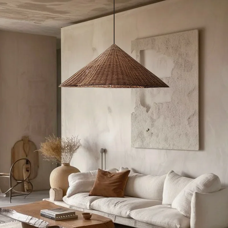 SANDYHA Rattan LED Pendant Light Modern Hanging Chandelier for Living Room Bedroom Dining Table Lighting Natural Woven Hat
