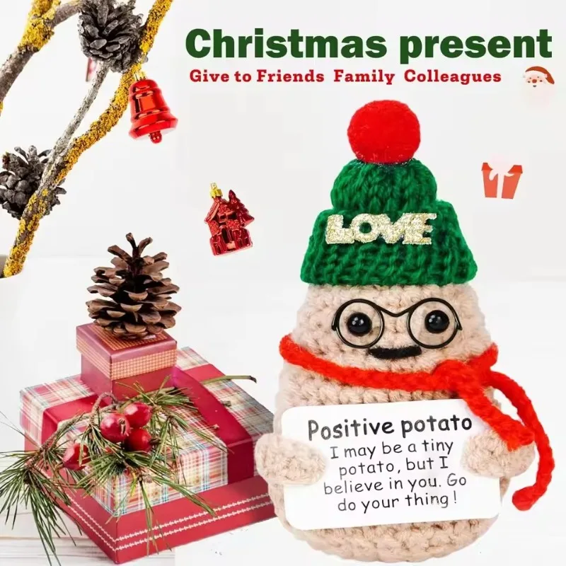 Cute Handmade Wool Knitted Xmas Potato Doll: Funny Positive Emotional Ornament with Card – Home Christmas Decoration