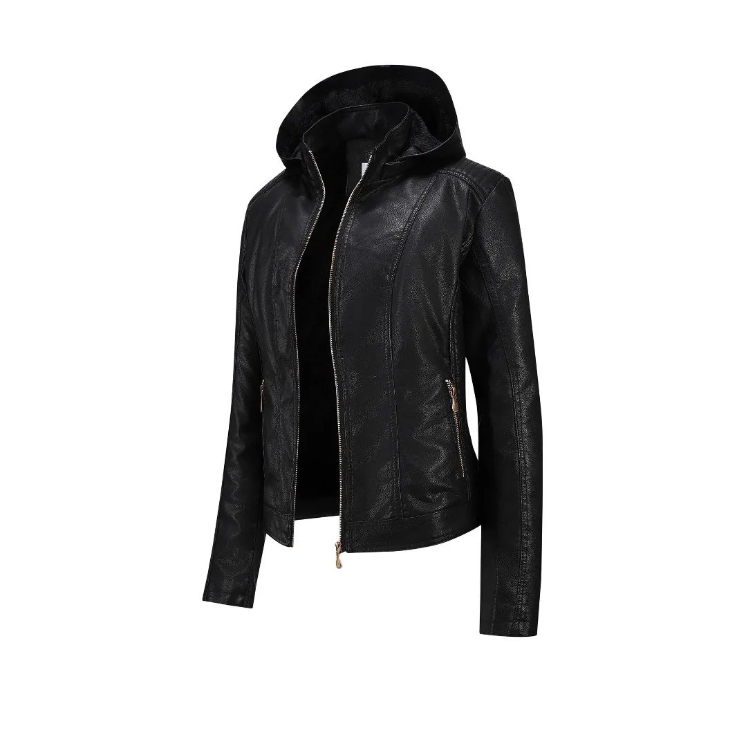 Women Hooded PU Lacket Fashion Slimming Fit Thickened Coat with Hat Autumn Winter Collection Zipper Style Leather Clothing