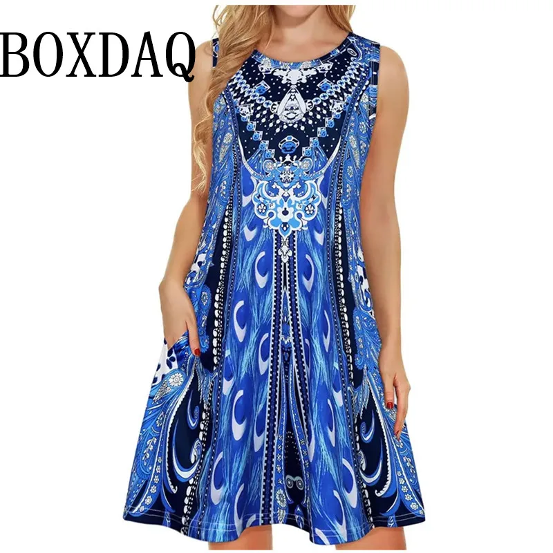 2025 Summer New Women's Flowers Plant 3D Printed Dress Vintage Casual Round Neck Sleeveless Vest Dress Loose Sundress Clothing