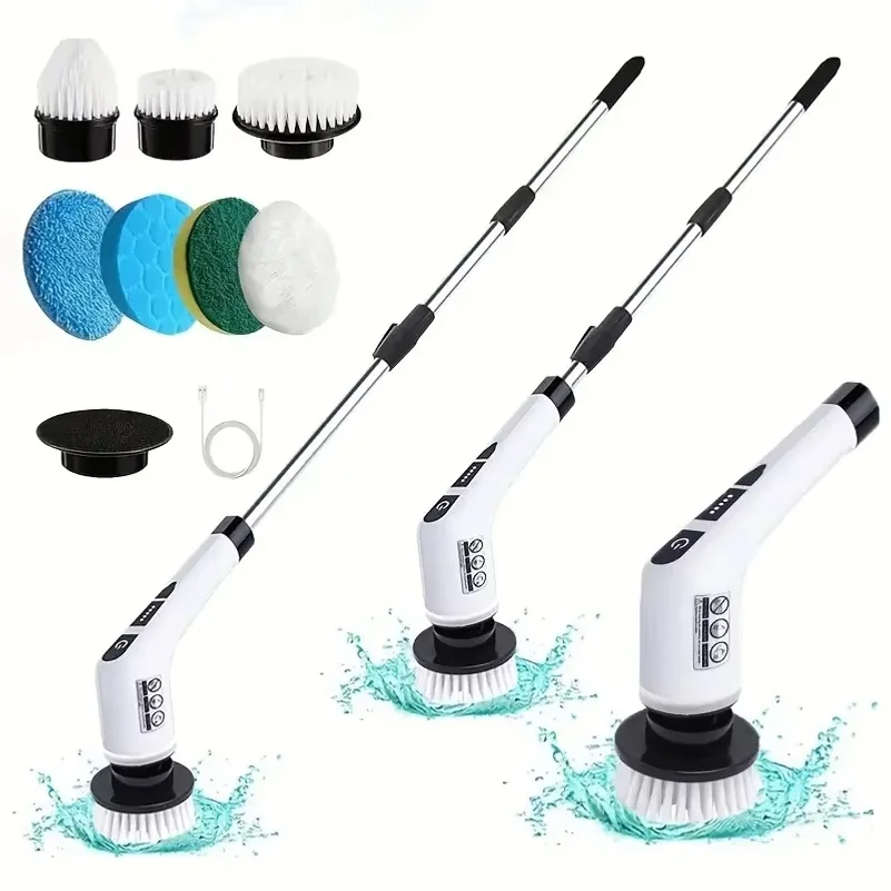 1 Set, Wireless Electric Rotating Scrubber, 7 Brush Heads and Adjustable Extension Handle, Bathroom Cleaning Brush,