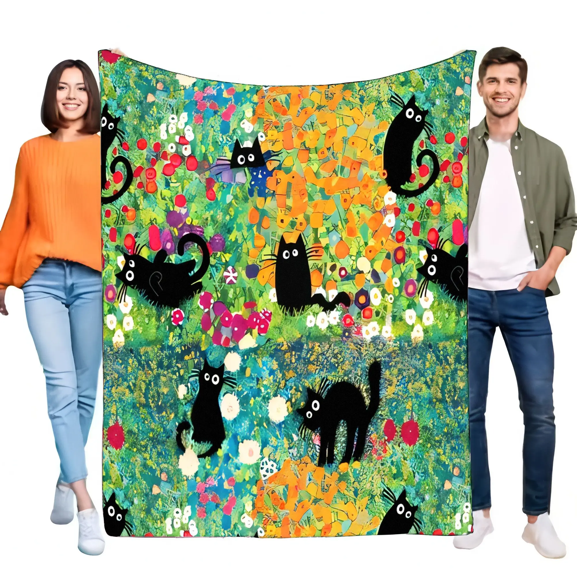 Vibrant Abstract Black Cat Garden Flannel Fleece Blanket Soft Warm Cozy Lightweight Throw for Bed Sofa Home Decor Pet Lover Best