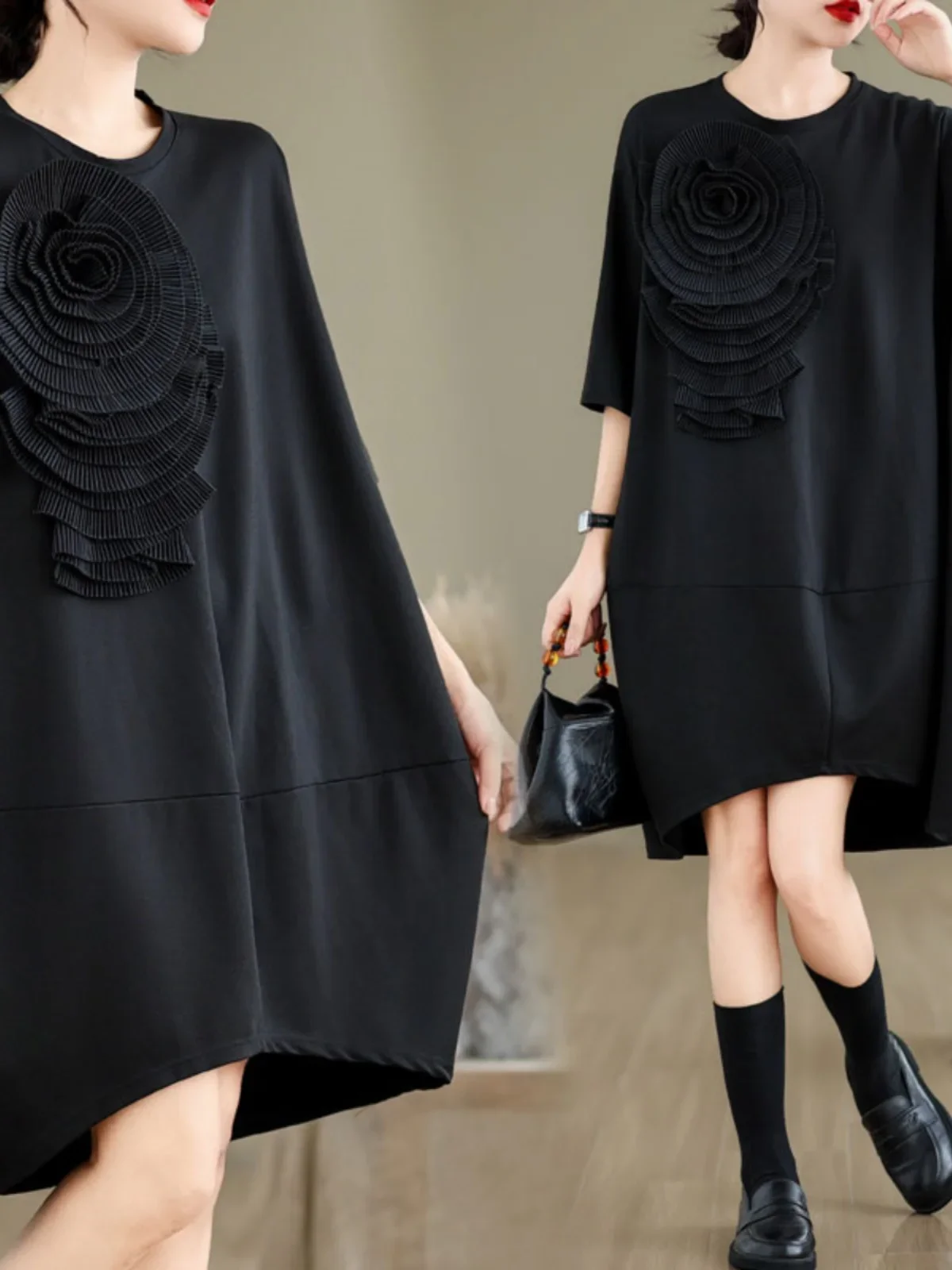 Abito da donna Fiori irregolari Fiori T-shirt casual allentata Abiti Asimmetria Moda Abiti estivi neri Donna 2025 Nuovo