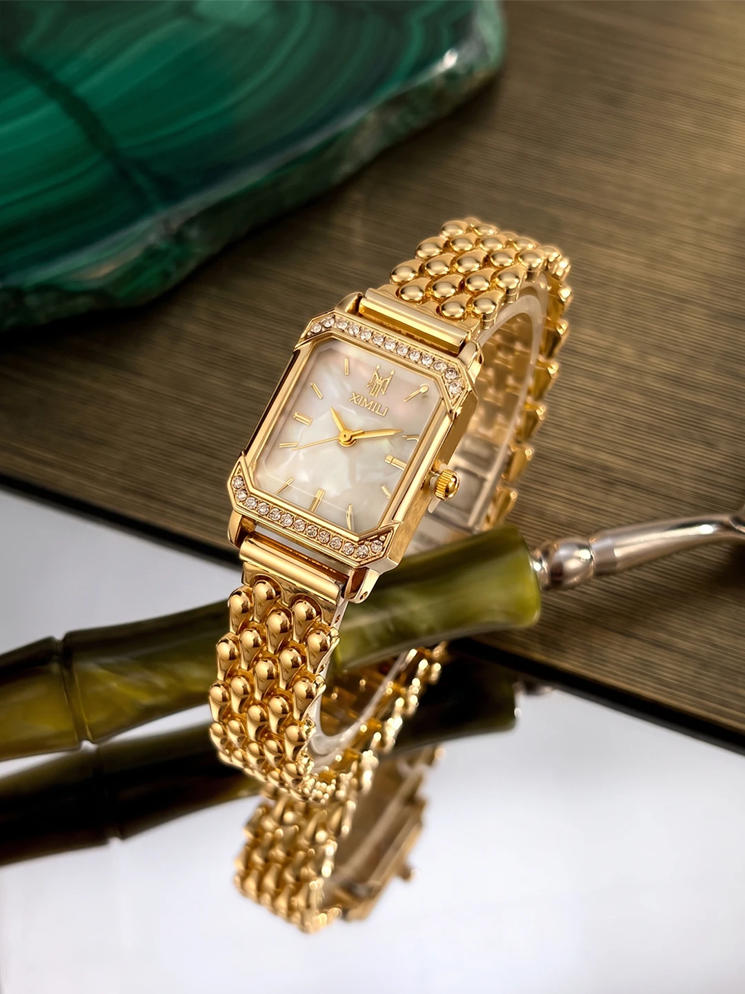 Classic Fashion Diamond Inlaid Rectangular Dial Minimal Bracelet Analog Ladies Wrist Watch