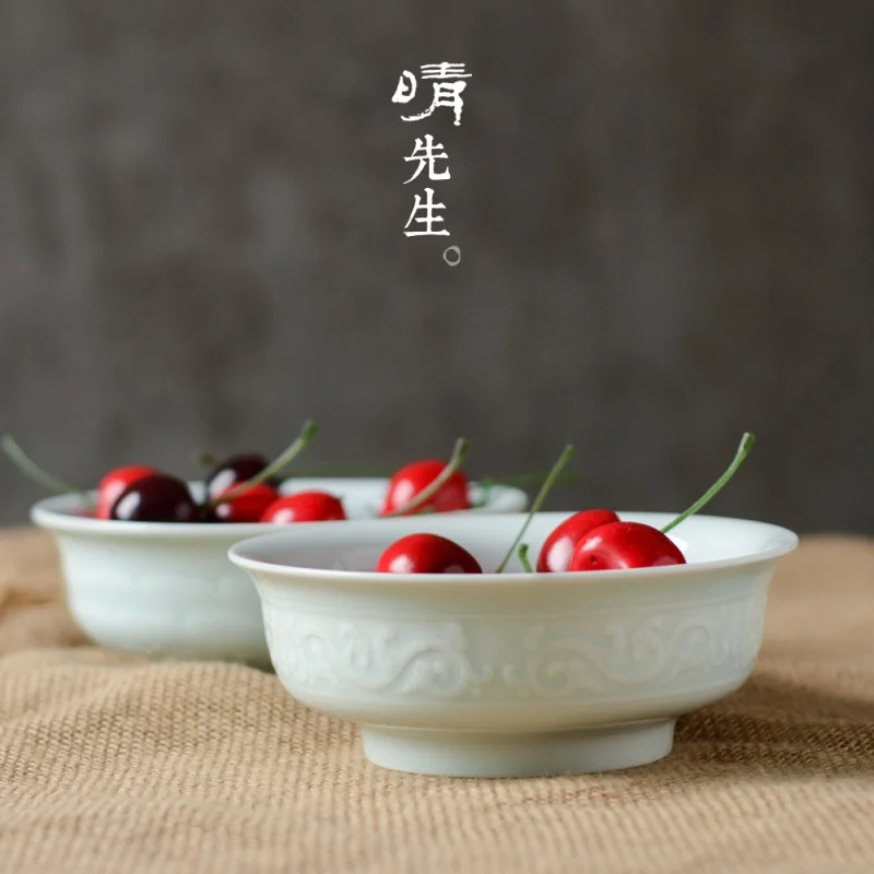 ★Jingdezhen Retro Chinese Simple Shadow Blue Procelain Rice Bowl Creative High Quality Ceramic Bowl Gift Set Fixed Logo