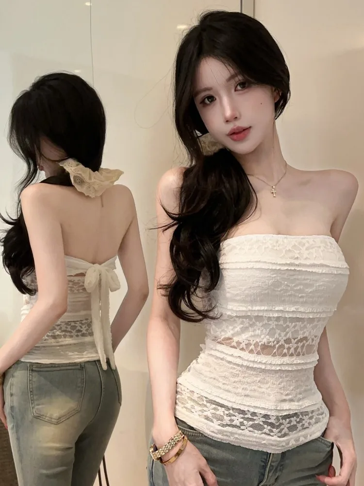 

Lace Hollow out Backless Vest Women's Summer New Style Pure Desire Sexy Short Top Knot Strapless Slim Fit Linen Blend