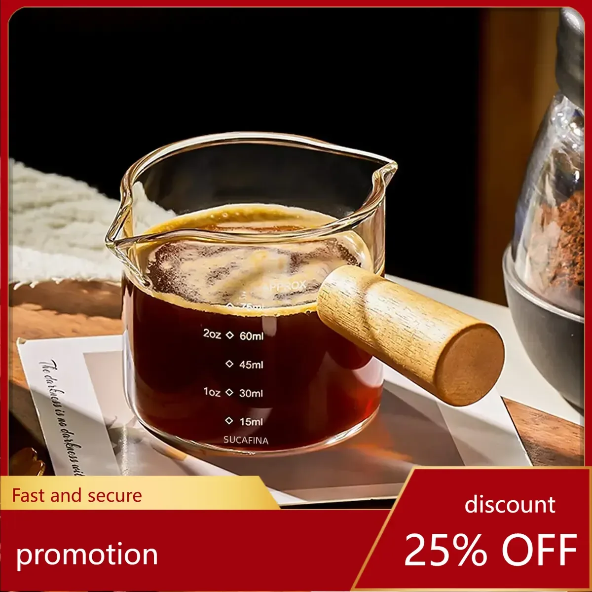 YFY glass measuring cup with wooden handle, glass espresso measuring cup,  spout milk coffee transparent cup, coffee supplies