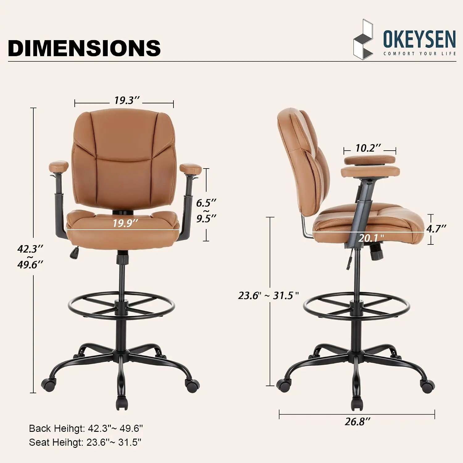 Okeysen Drafting Chair Standing Desk Chair, 500 LBS Leather Big and Tall Office Chair with Adjustable Armrests & Foot Ring, Mode