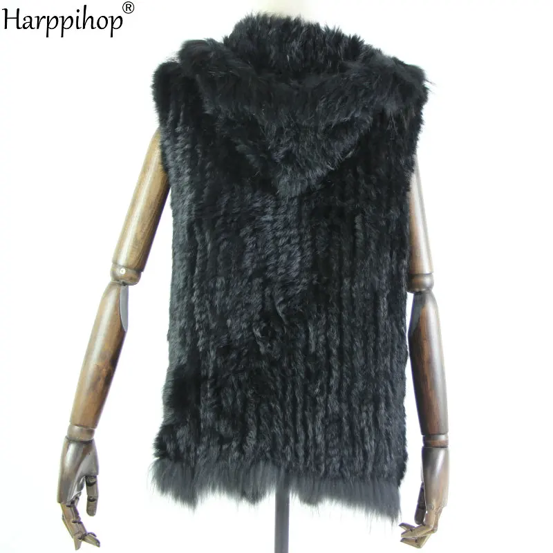 Harppihop fur New natural Fur Vest Genuine Rabbit Fur Knitted Gilet with fur Hooded Long Coat Jackets with pocket Women Winter