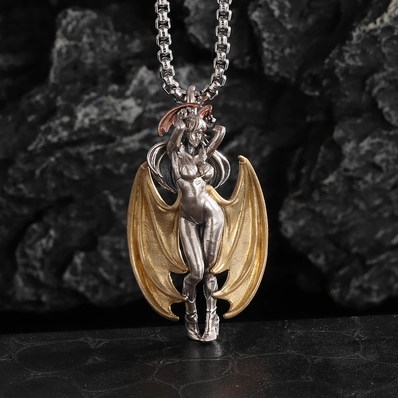 Retro Gothic Golden Bat Demon Succubus Pendant Necklace for Men and Women Fashion Personalized Cosplay Accessories Gift