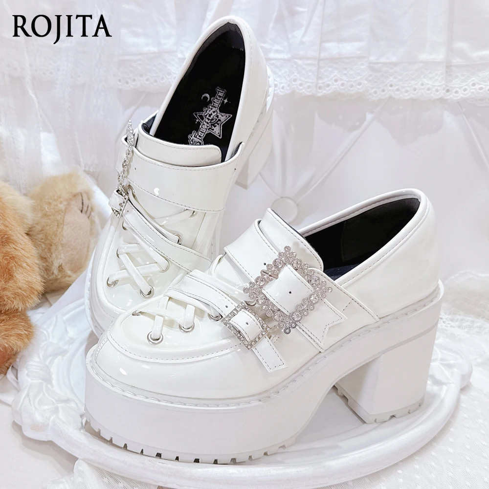 

Original Japanese Style Loafers Lace-Up Rhinestone Single Shoes Platform Thick-Soled Shoes Women's Buckle Strap White Shoes