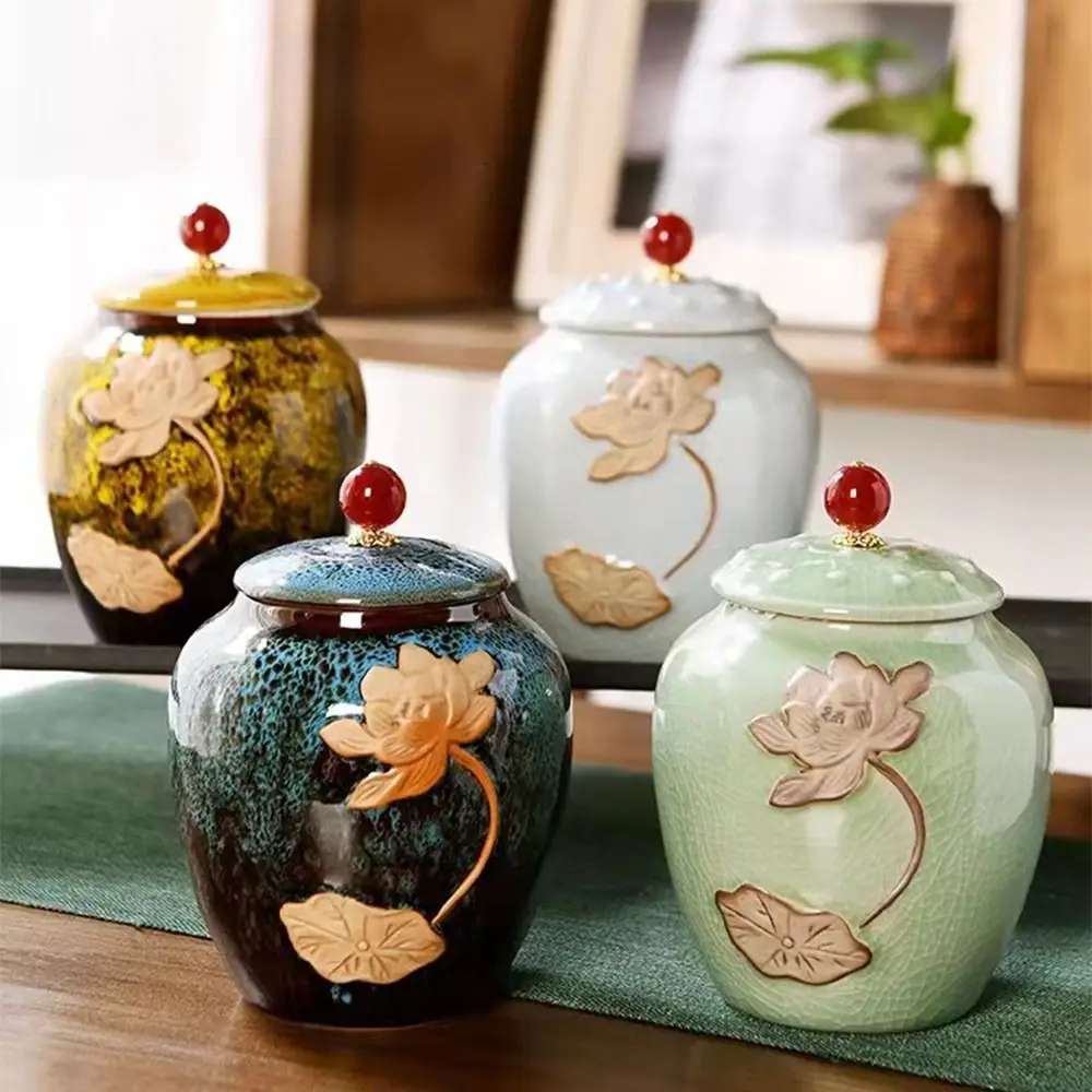 Traditional Ceramic Tea Jar Vintage Chinese Food Storage Container Porcelain with Lid Coffee Canisters Home Decor