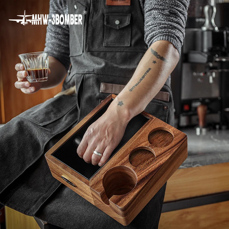 MHW-3BOMBER Coffee Tamping Station Knock Box Barista Walnut Portafilter Holder For 58mm E61 GAGGIA Espresso Machine Accessories