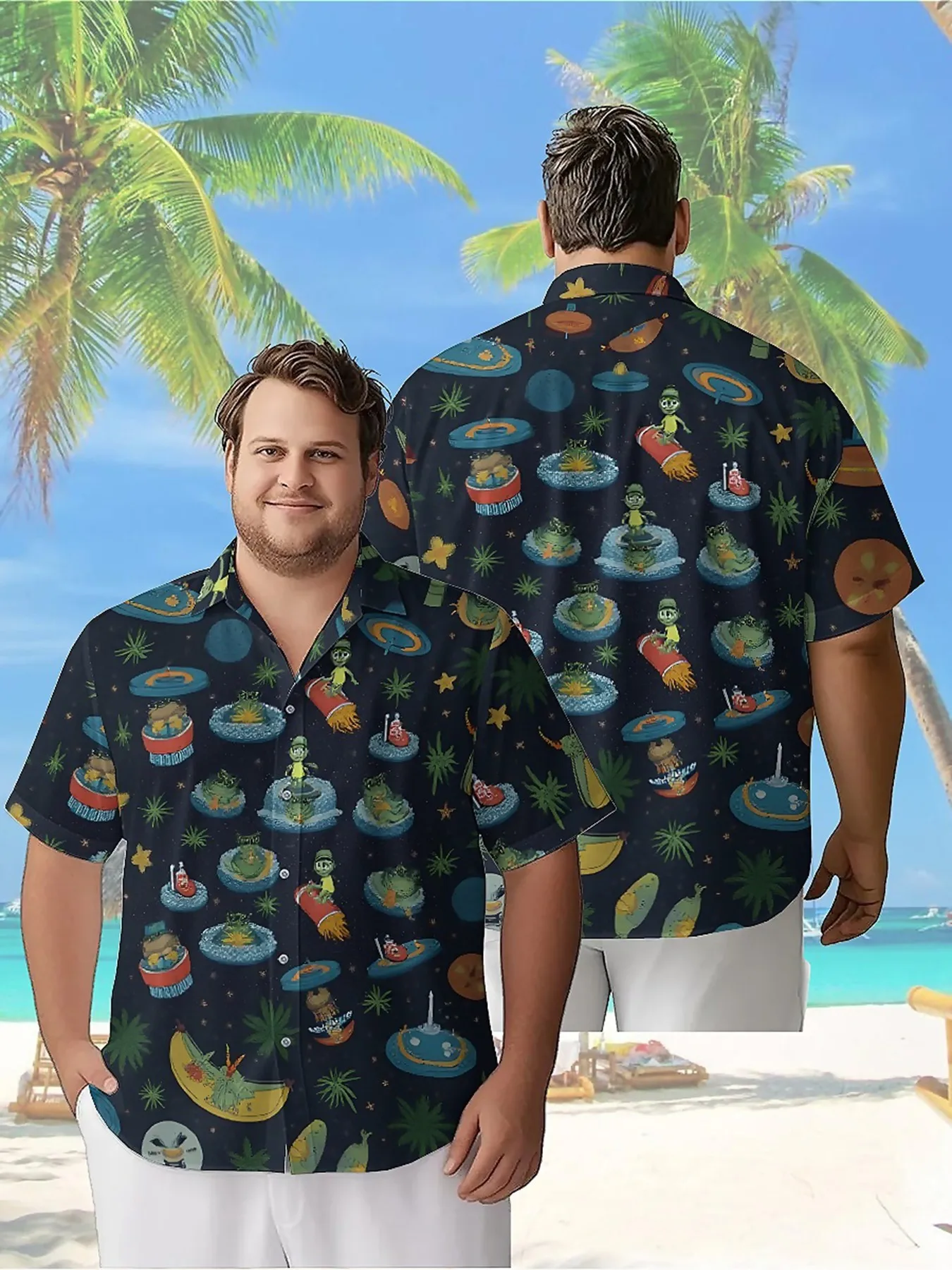 

Men's Plus Size Hawaiian Shirts Aliens Pattern, Summer Casual Tops, Outdoor and Party, Streetwear