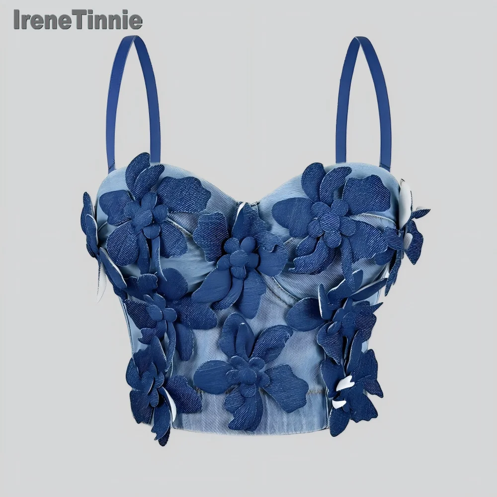 

IRENE TINNIE 2025 Elegant Short Crop Top Handmade Denim Flower Bustiers Sexy Corset Fashion Tank Top Women Binder Corset Bra