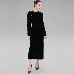 Elegant Black Mother of the Bridal Dress Classic Long Sleeve O-Neck Tea-Length Jersey Women Open Back and Slit Zipper Gowns