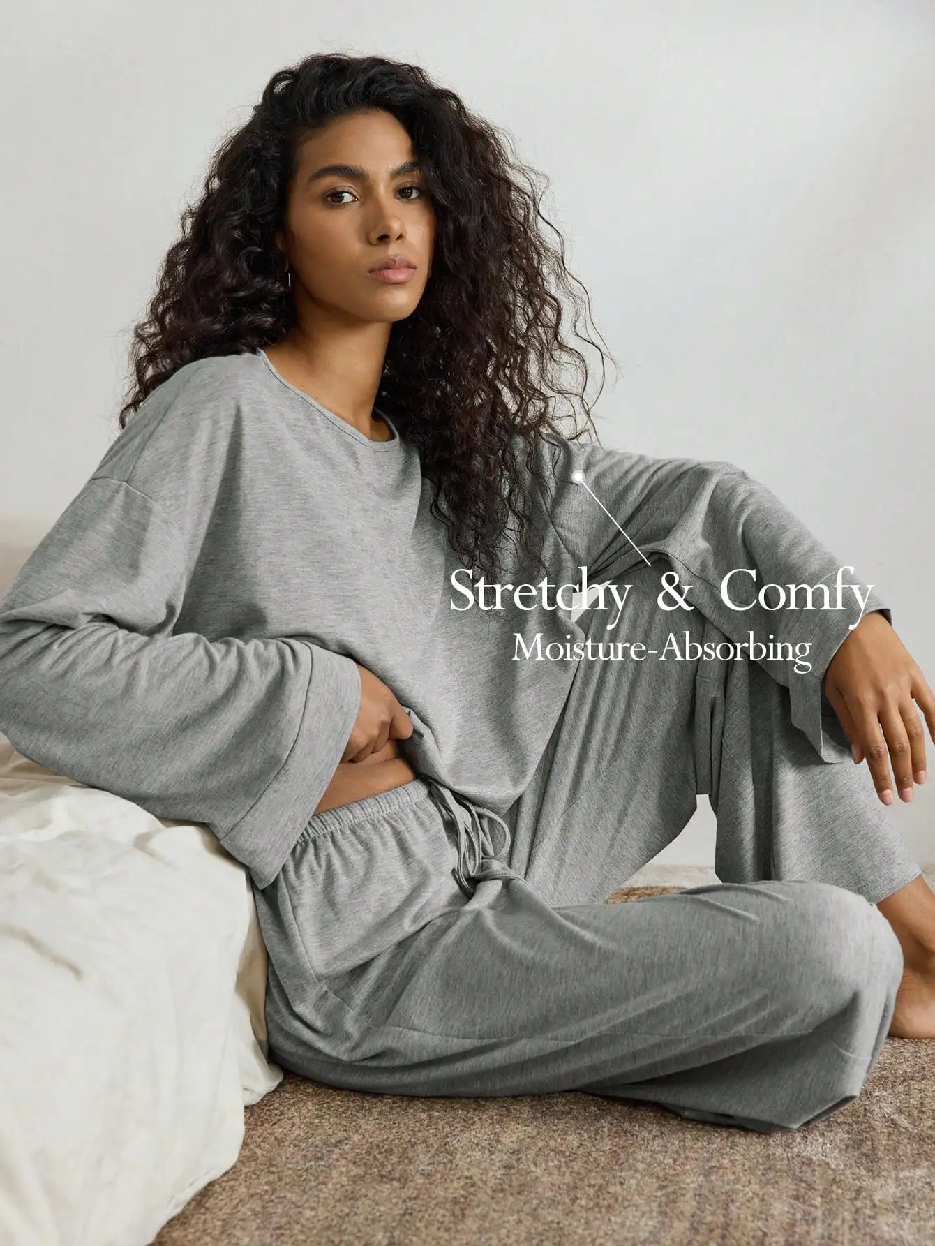 

Women's Stretchy & Comfy Bamboo Knit Pajama Set - Long Sleeve Top & Pants, Moisture-Absorbing for Summer Fall Winter
