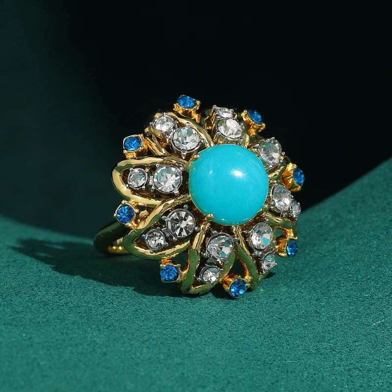 

Vintage Round Blue Stone Rings Flower Jewelry Antique Silver Color Rhinestone Crystal Luxury Girls 2026 New Trends Engagement