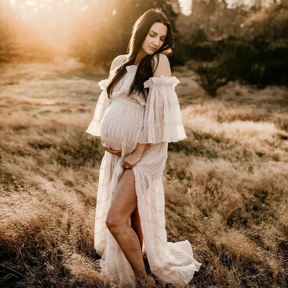 Maternity Photography Boho Pregnant Dresses Sides Slit With Strapless Pleated Chiffon Bohemian Photo Shooting Pregnancy Dress