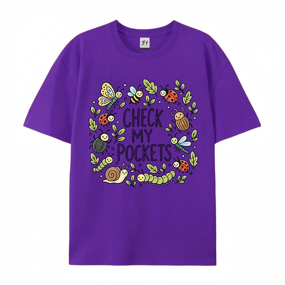 Women  Check My Pockets Cute Bugs Insects Graphic T Shirt Short Sleeve Casual  Loose Cotton Tops