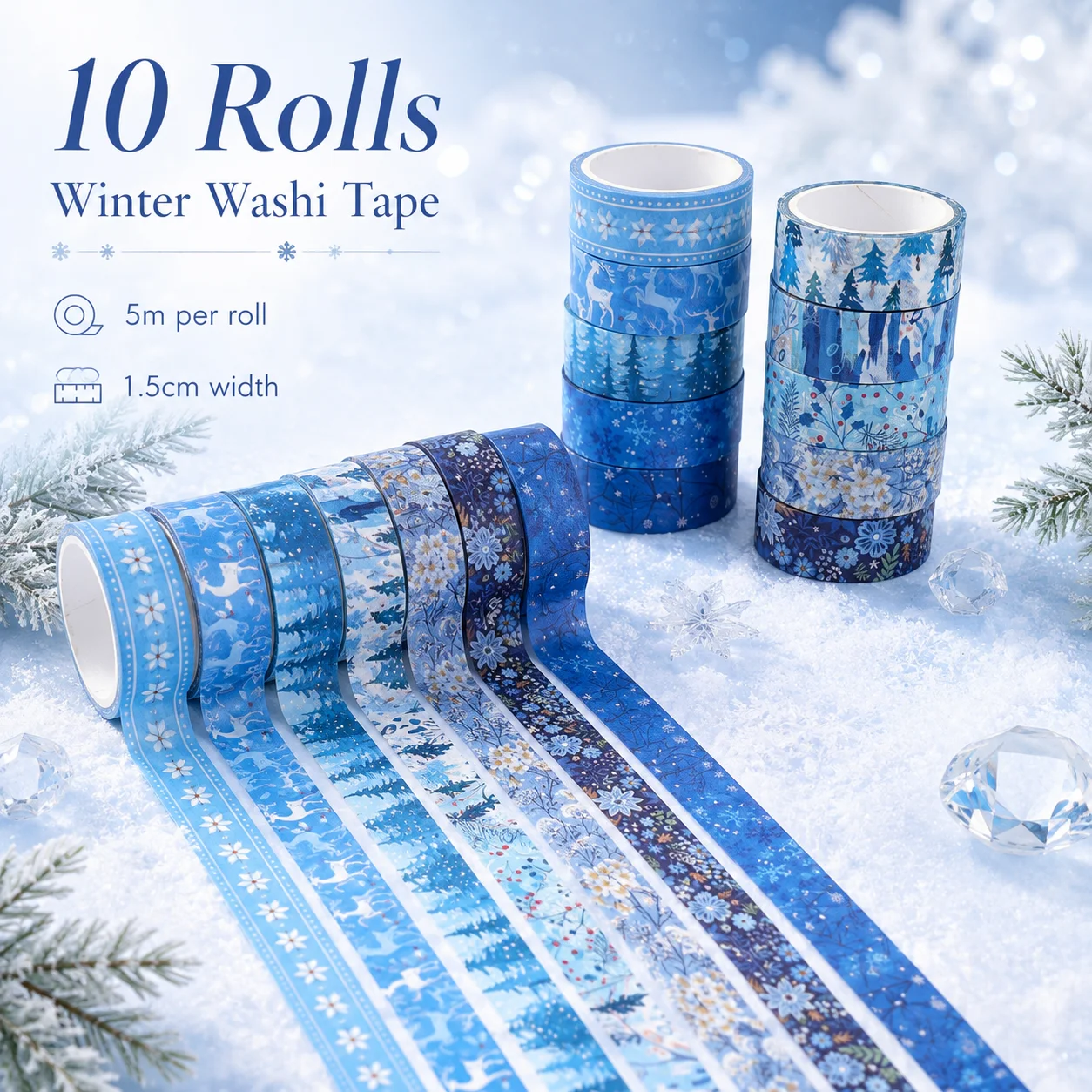 10 Rolls Winter Washi Tape Set 1.5cm x 5m Blue Snowflake Deer Forest Decorative Masking Tape for Journaling Scrapbooking DIY Cra