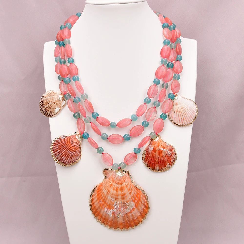 APDGG A130 Handmade 3 Rows Natural Mix Stone Quartz Agate Shell Pendant Multi Strands Necklace
