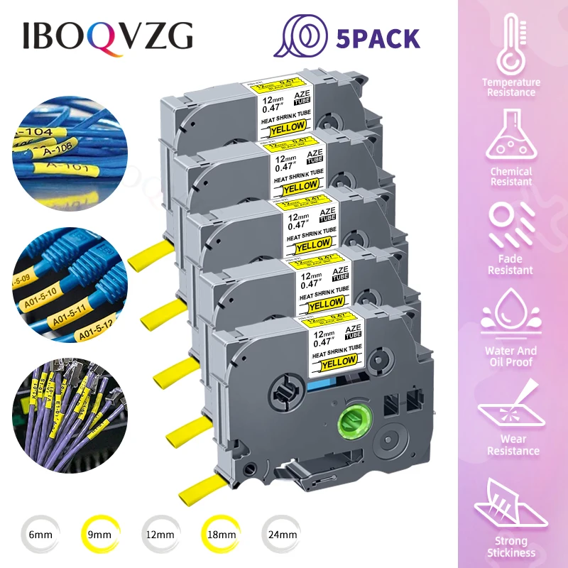 5PK Labels Hse-221 Compatible for Brother Hse-231 Hse-211 Heat Shrink Tube Tape 8.8mm Black on White Label for P-Touch Printer