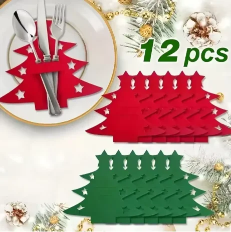 12 Pcs Christmas Tree Felt Coasters with Stars, Durable Table Decor for Home, Festive Party Decoration Accessories