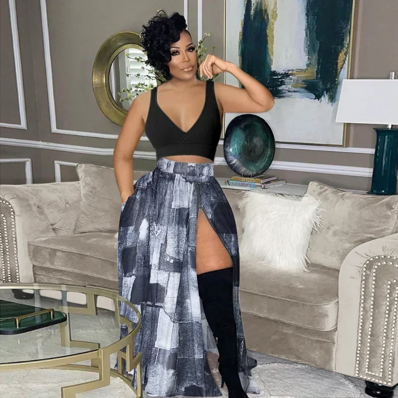 GUWU Fake Jean Printed Tie Dye Floral High Side Split High Waist Big Swing Maxi Long Skirt  Summer Vintage Women Skirts
