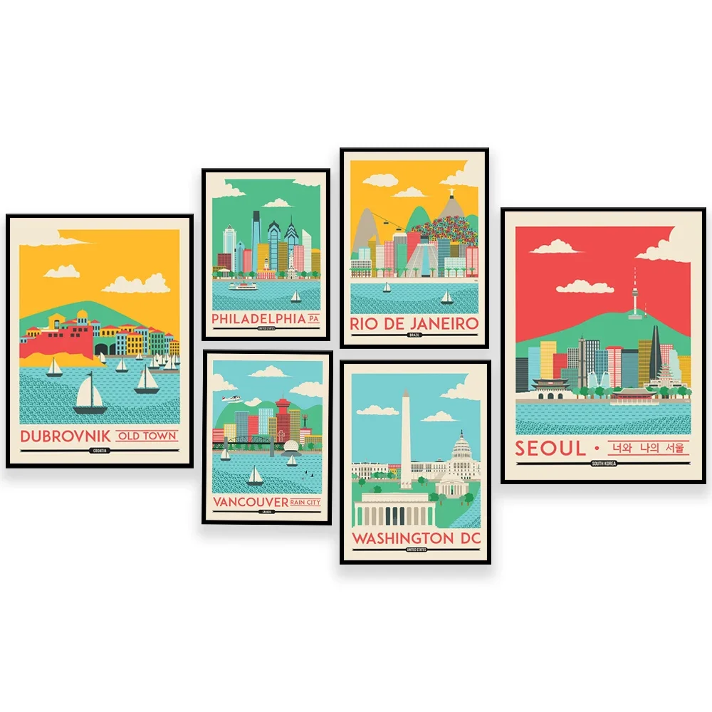 Póster de viaje de ciudades del mundo, Marseille, Vancouver, Rio de Janeiro, Washington DC, Liverpool, Dubrovnik, decoración artística de pared con impresión de ciudad vieja
