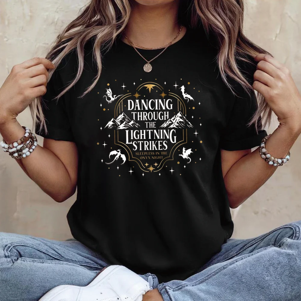 Dancing Through The Lightning Strikes T-shirt Fourth Wing Inspired Design Shirt Onyx Storm Short Sleeves Tops Dragon Lover Gift