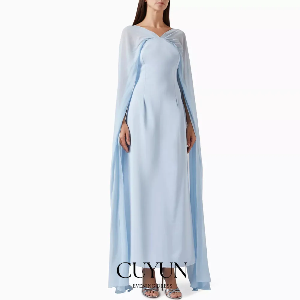 

CUYUN Customized Sky Blue Cape-style Maxi Dress Prom Dress Chiffon and Jersey Wedding Party Dress for Guest New Evening Dresses