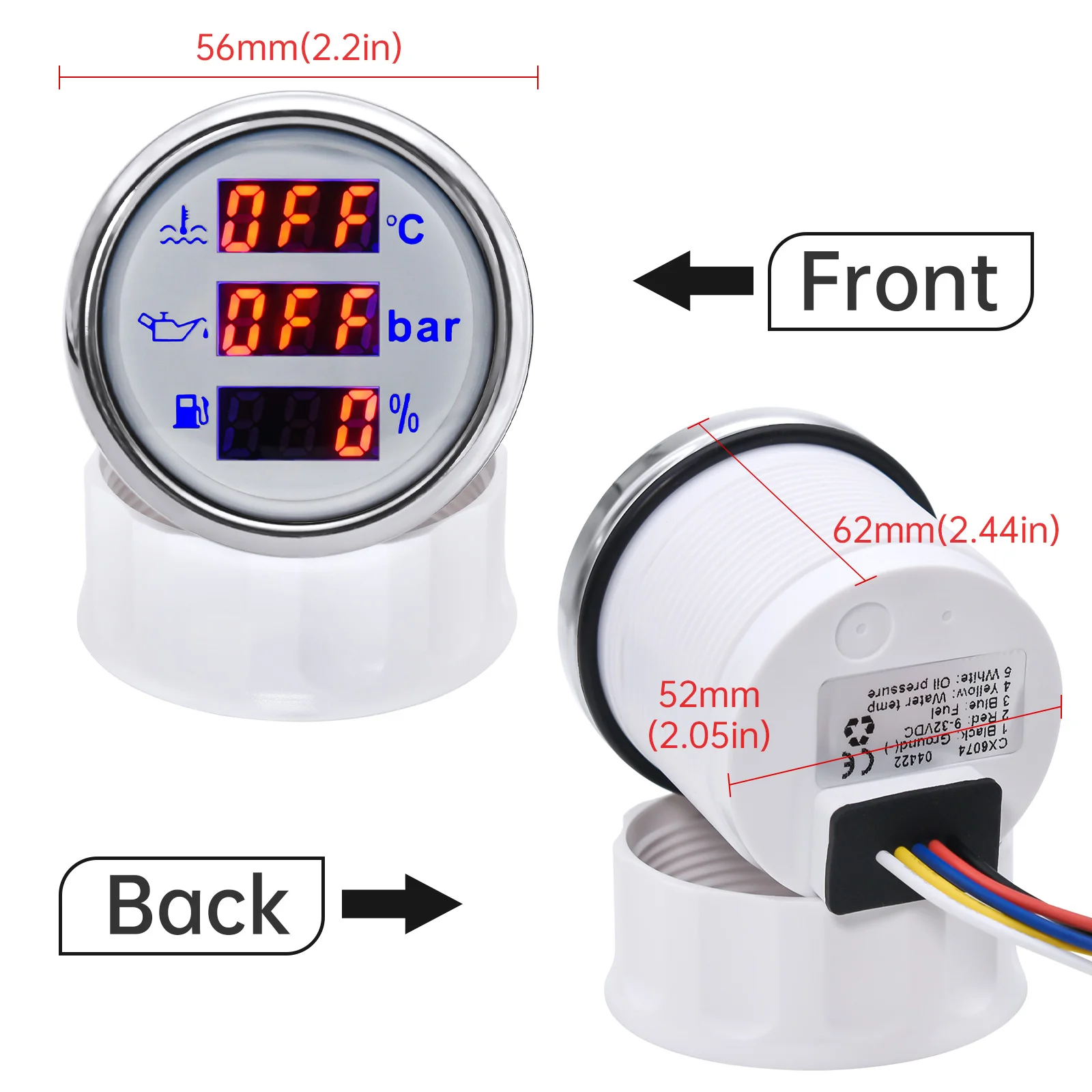 3 In 1 Multi-function Car Boat Fuel Level Gauge Water Temperature Gauge Oil Pressure Voltage with Alarm& Backlight Indicator