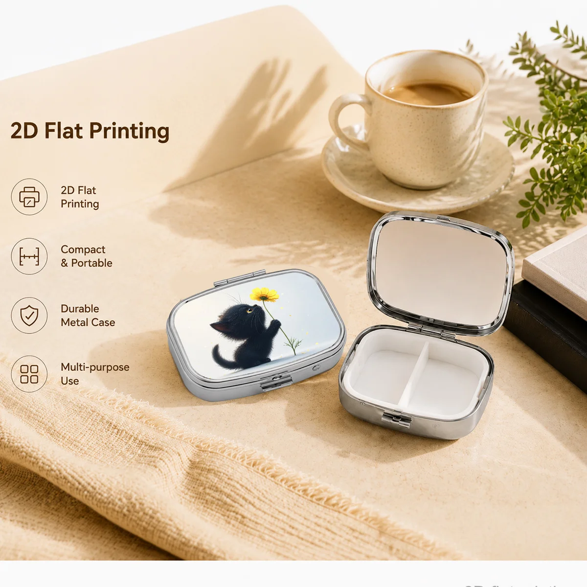 Black Cat Sniffing Flowers Silhouette Illustration, Portable Pill Box for Daily Travel, Moisture-Proof Small Pill Case, Multifunctional Storage Box for Vitamins and Supplements, Small Jewelry Organizer, Waterproof Pill Storage Box, Holiday Gifts, Souvenirs, Prizes, Small Gifts, Suitable for Personal Use or as an Exquisite Gift Choice